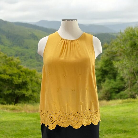 Ava Viv Yellow Tank Top 2X Boho Eyelet Embroidered Scallop Hem Flowy Festival - Picture 1 of 8